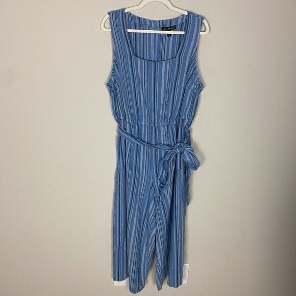 Standard Lane Bryant Linen Blend Jumpsuit Striped Womens 14P Blue Wide Leg - Picture 1 of 6